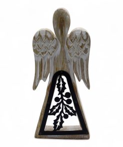 Ángel de madera de mango - acabado lavado blanco con recorte decorativo de hierro